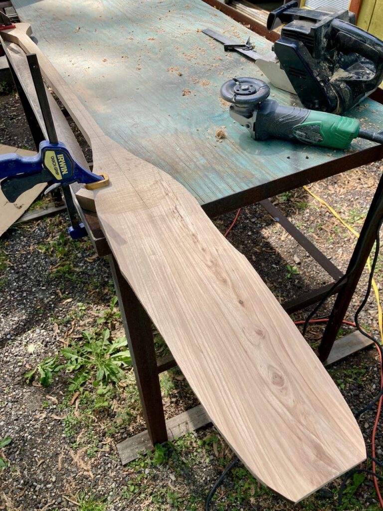 otter tail paddle construction, rough cutout clamped to a table
