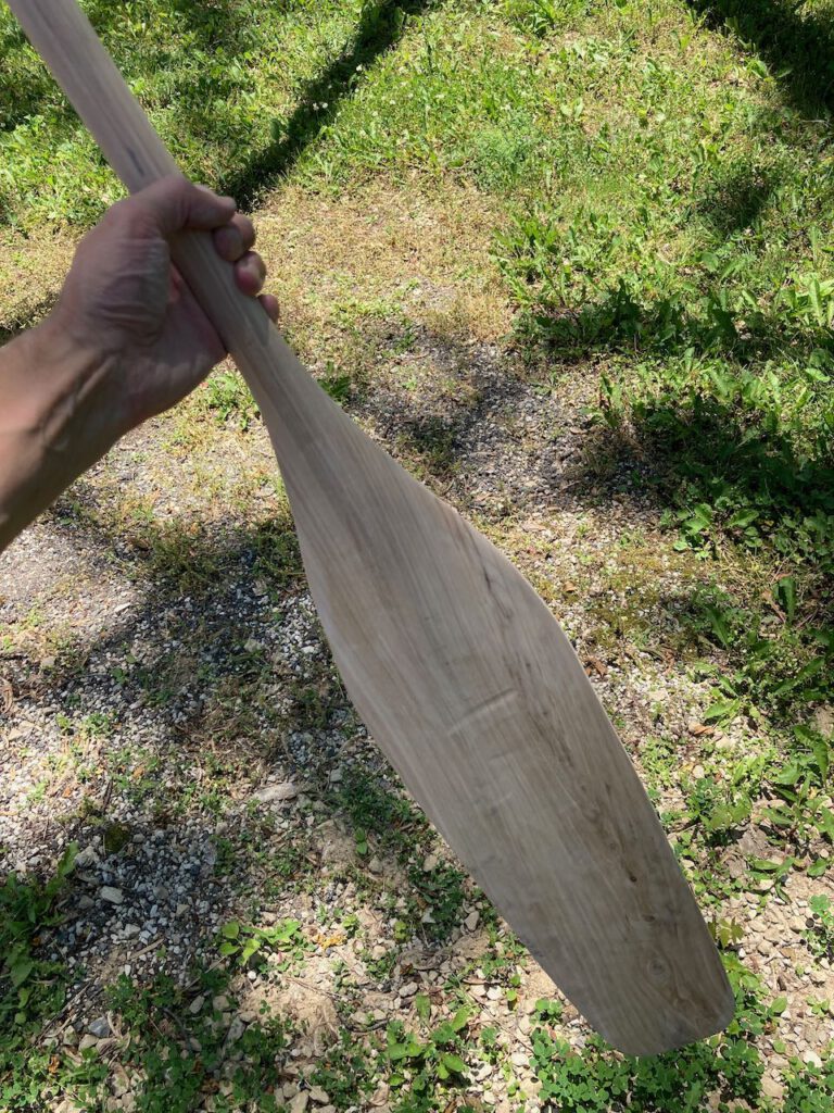 The final blade shape on my otter tail paddle, prior to finish sanding